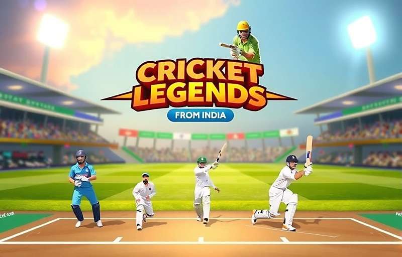 Cricket Legends from India gameplay showing Indian cricket stars playing in a stadium with Cricket Legends from India watermark