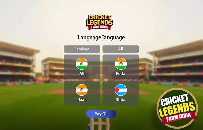 Cricket Legends from India language selection screen showing various Indian language options with Cricket Legends from India watermark